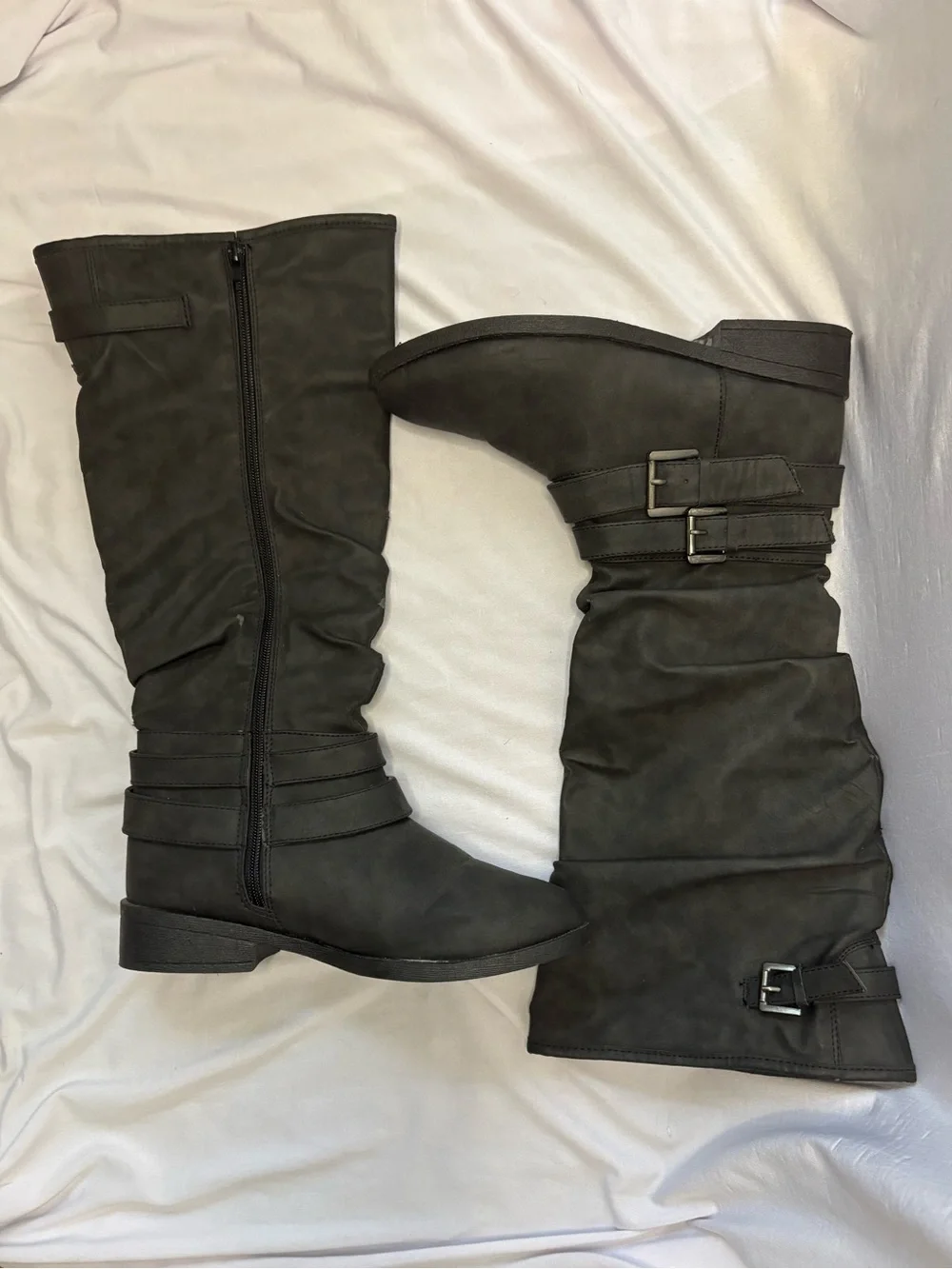 Women’s Grey Knee-High Buckle Boots